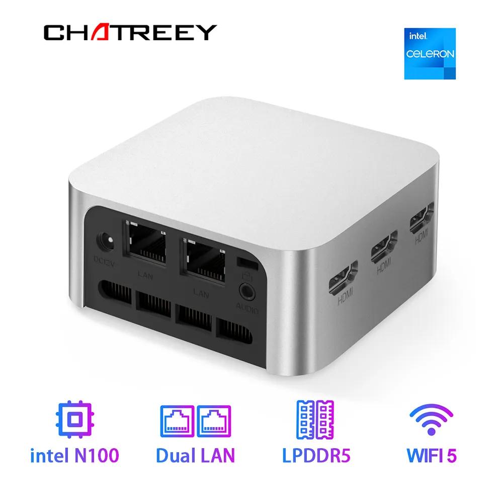 Chatreey 미니 PC 인텔 셀러론 쿼드 코어 N100 포켓 컴퓨터, 3x HDMI 2.0, 2x 기가비트 이더넷, 윈도우 11, 와이파이 5